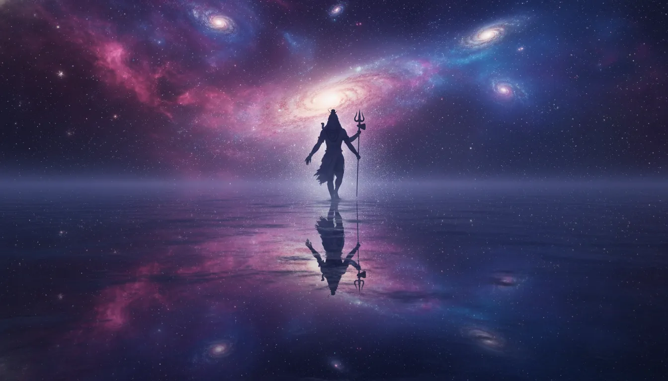 Lord Shiva standing in a calm sea beneath a vibrant cosmic sky filled with stars and galaxies.