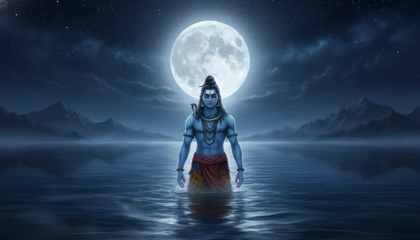Lord Shiva standing in a calm dark ocean under the bright light of a full moon.