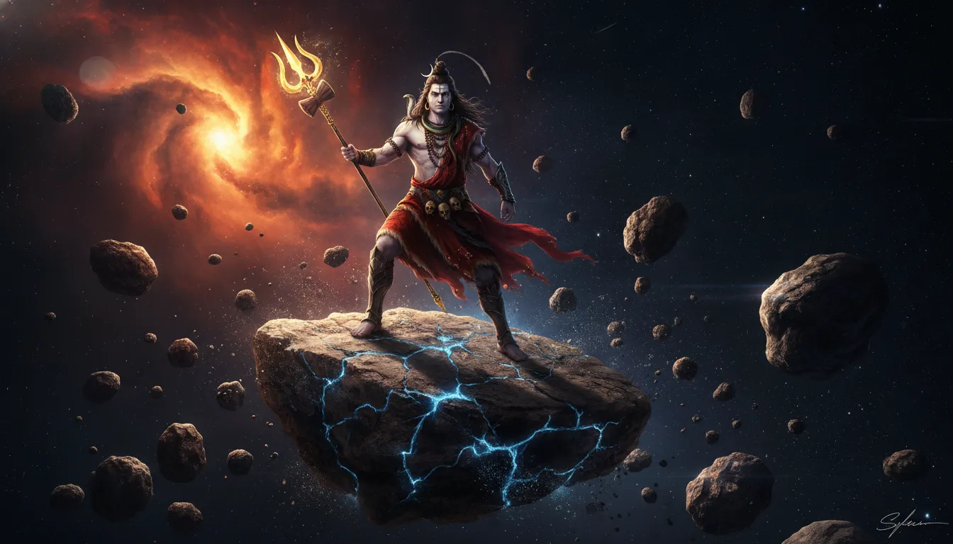 Lord Shiva standing strong on a massive floating asteroid with space debris in the background.