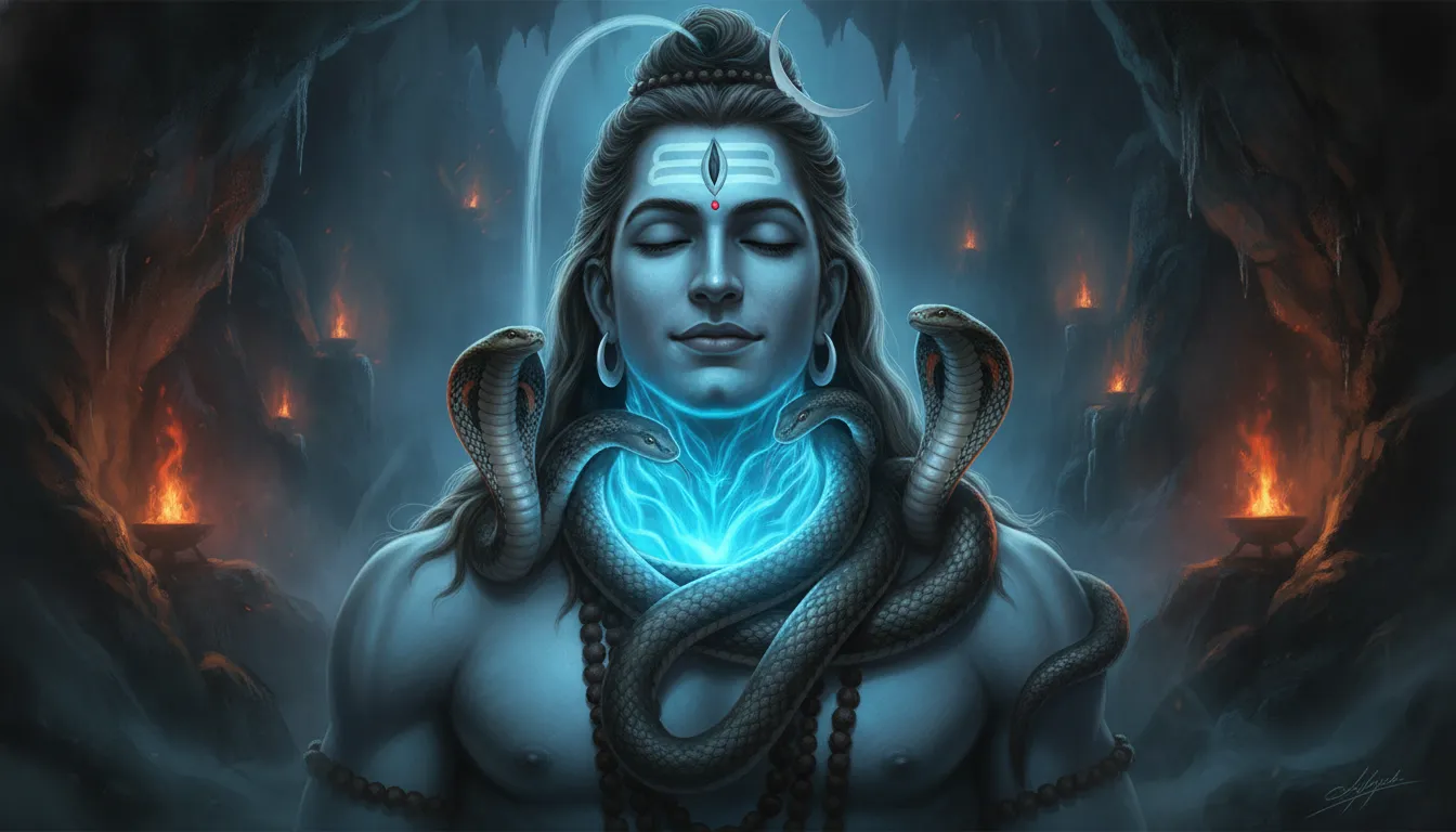 Snakes coiling around Lord Shiva's neck to absorb the heat of the Halahala poison.