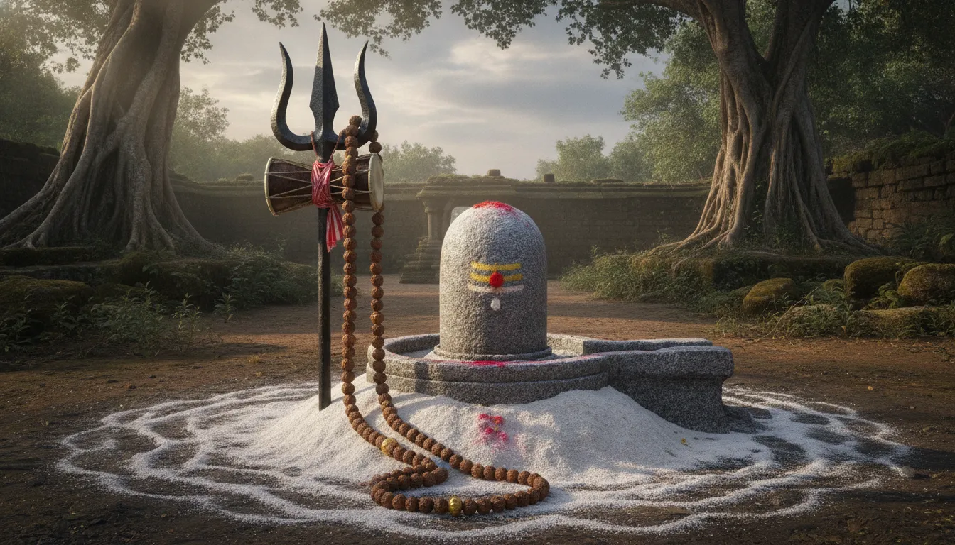 Full HD image of a Shivling with a metal Trishul and Damru placed beside it.