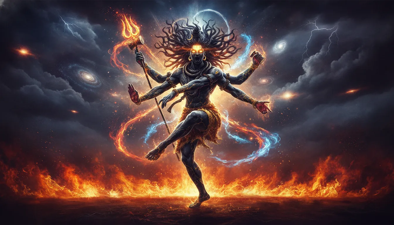 Cosmic Nataraja Tandav dance pose of Lord Shiva with fiery background.