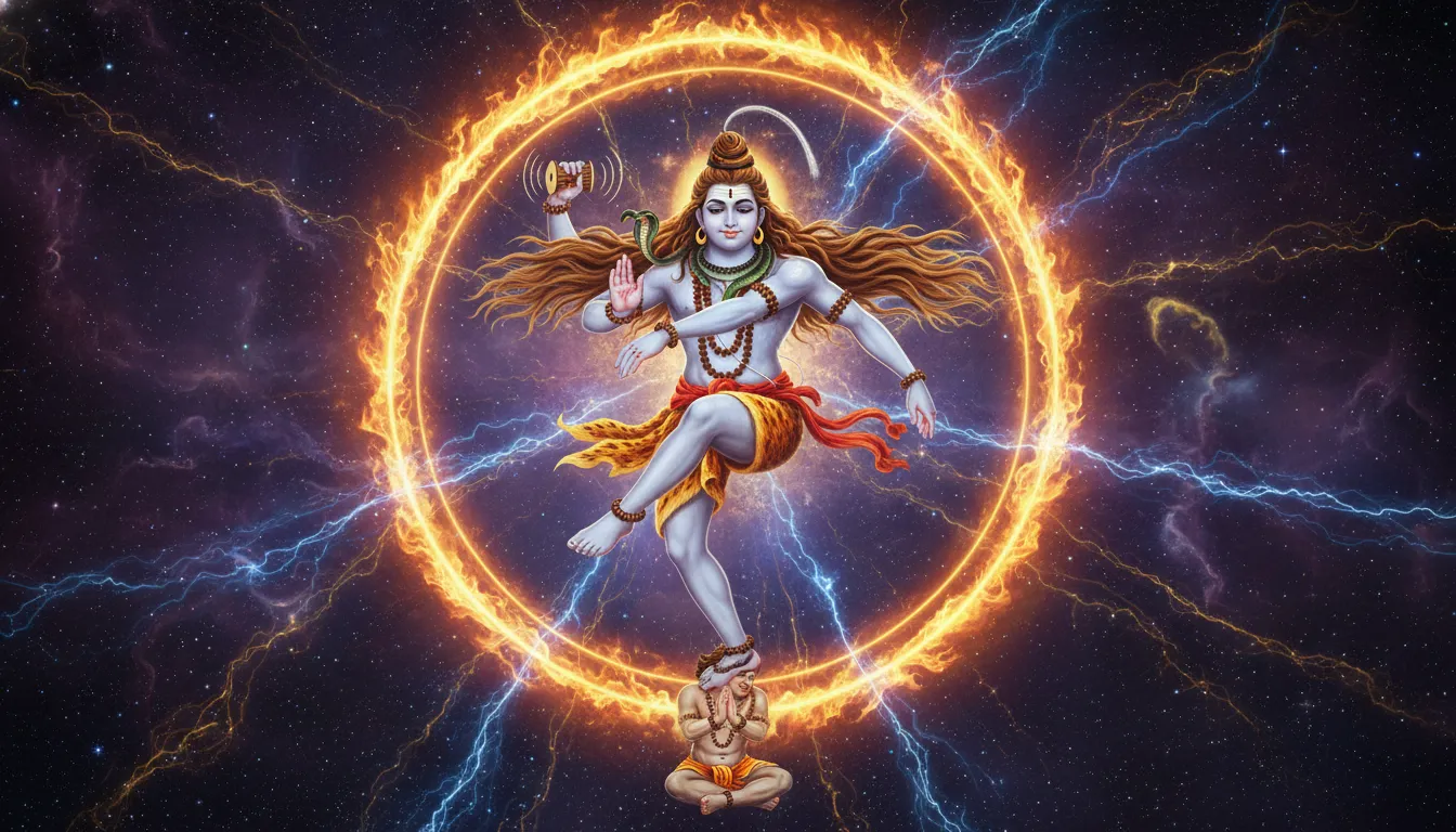 Shiv Mahadev performing the cosmic Tandava dance surrounded by a ring of fire in high resolution.