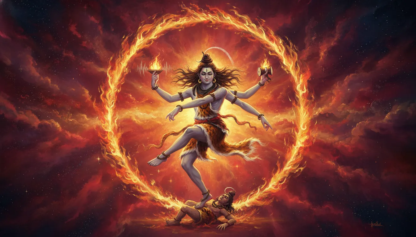 Lord Shiva executing the divine Tandava dance surrounded by rings of cosmic fire and golden stardust.