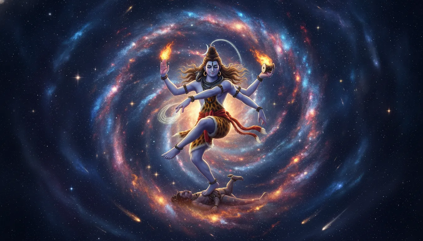 Cosmic illustration of multi-armed Shiva performing the Nataraja Tandava dance in space.
