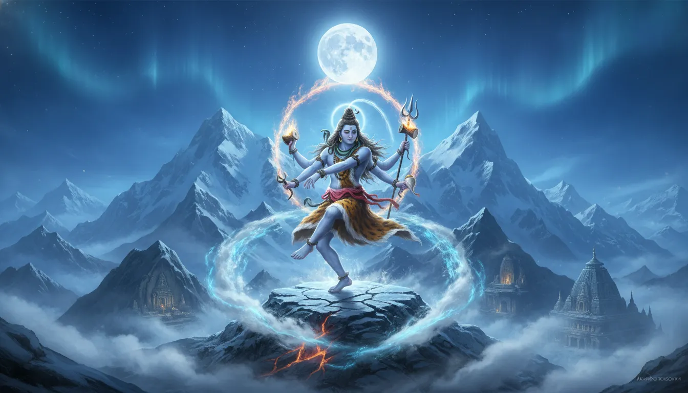 Lord Shiva performing cosmic dance on top of snow-covered Mount Kailash.