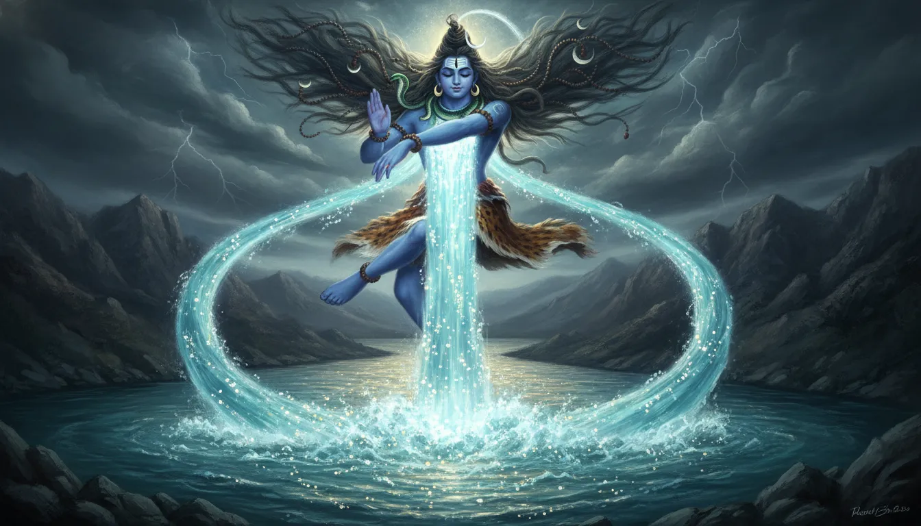 Holy River Ganga flowing from the matted hair of dancing Lord Shiva.