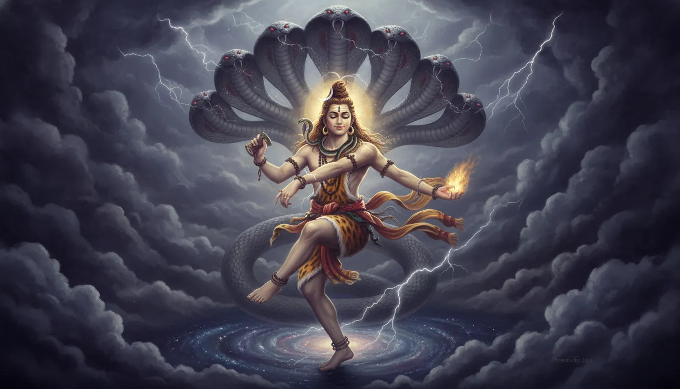 Lord Shiva performing cosmic dance with Sheshnag surrounded by mystical smoke.