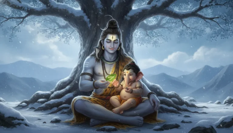 Lord Shiva sitting in meditation posture and teaching holy symbols to little baby Ganesha on Mount Kailash.