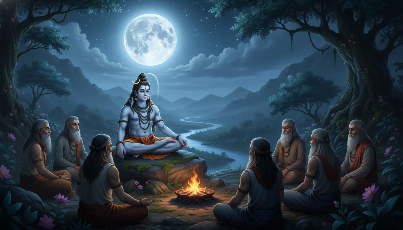 Lord Shiva guiding sages in a peaceful Himalayan valley lit by a full moon and twinkling stars.