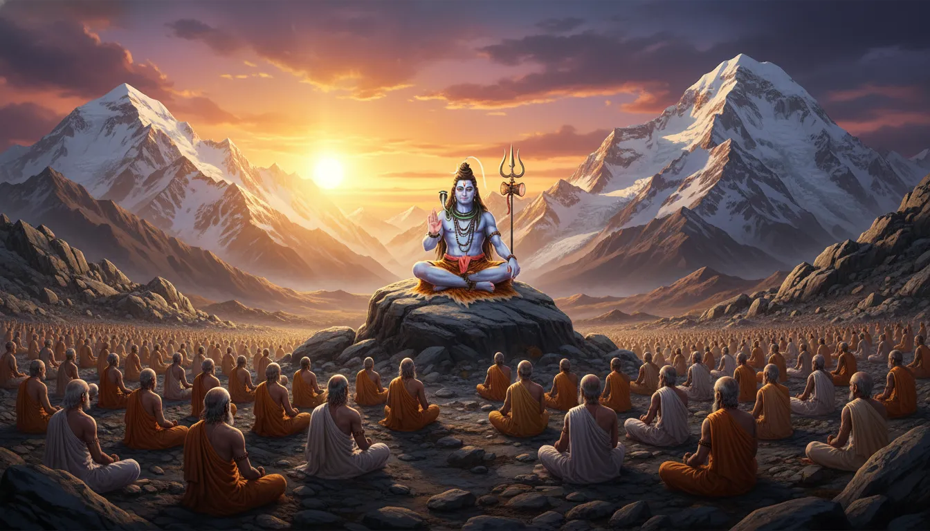 Lord Shiva preaching to a large group of sages against the majestic backdrop of a golden Mount Kailash sunset.