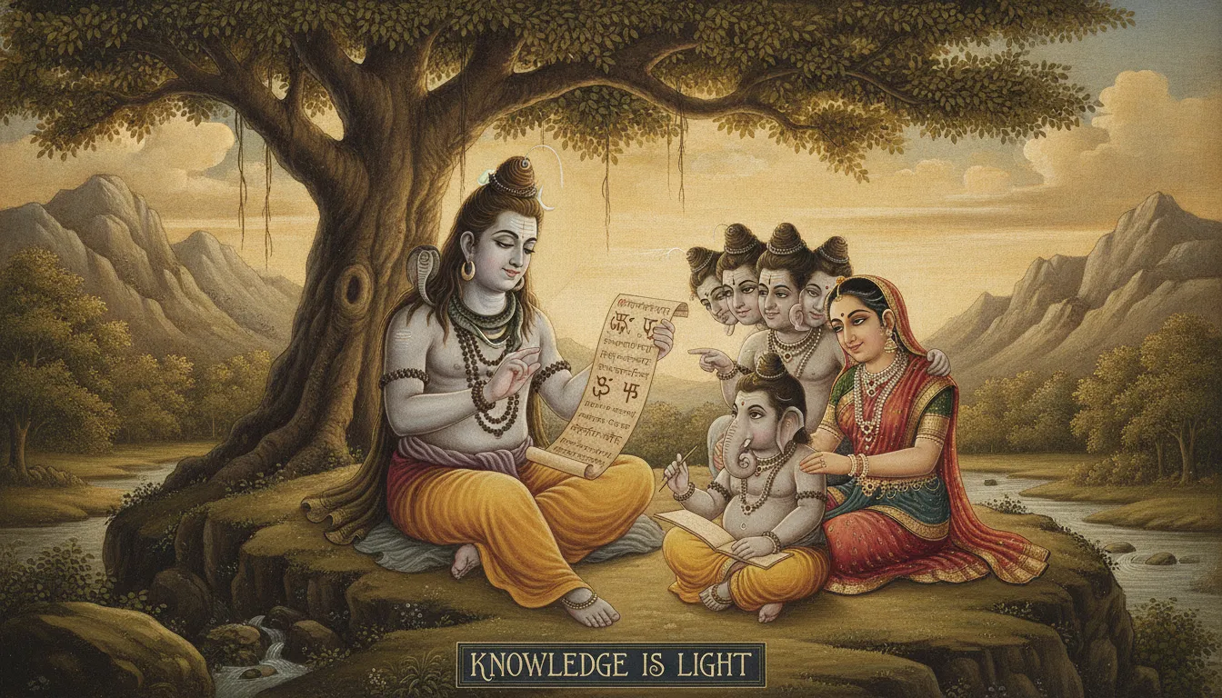 A painting depicting Lord Shiva sharing a sacred scripture with his sons as Parvati listens lovingly.