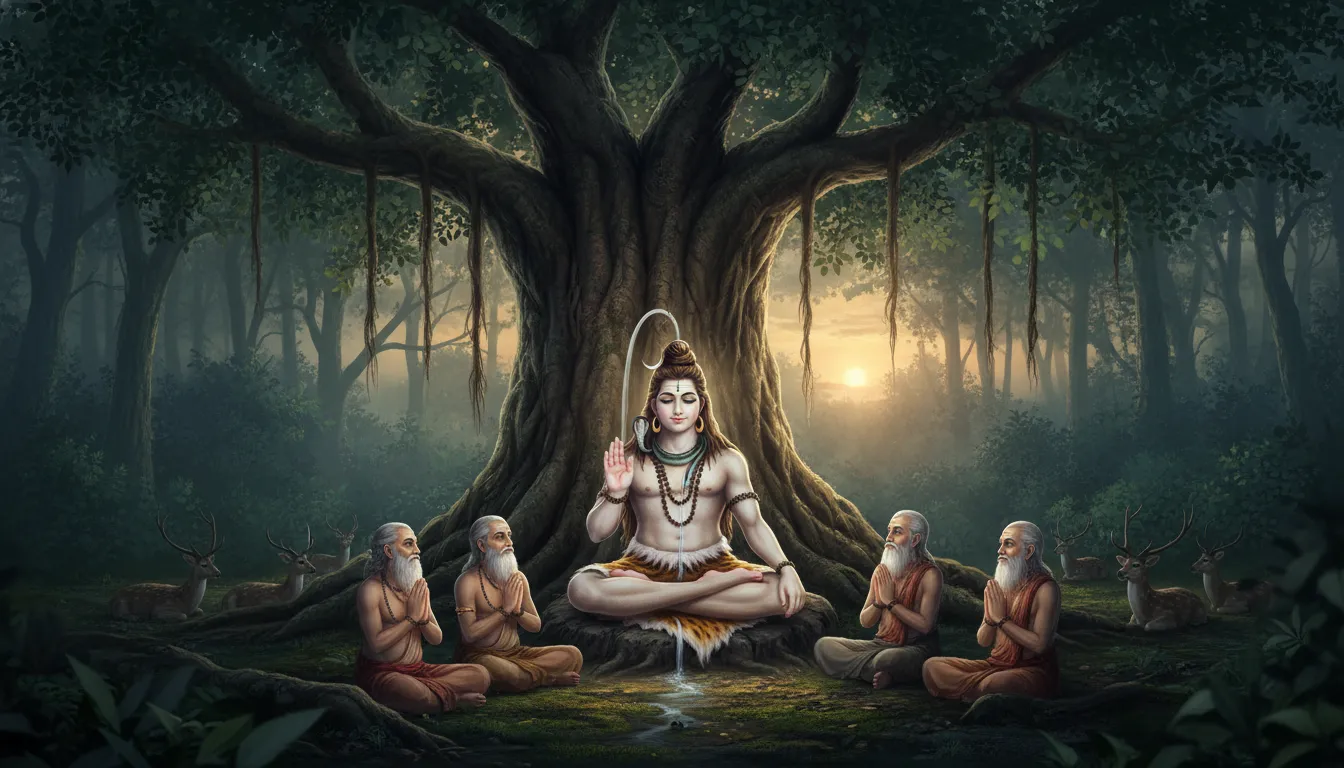 Lord Shiva as Dakshinamurti initiating his first discourse to the four Kumaras under a sacred banyan tree.