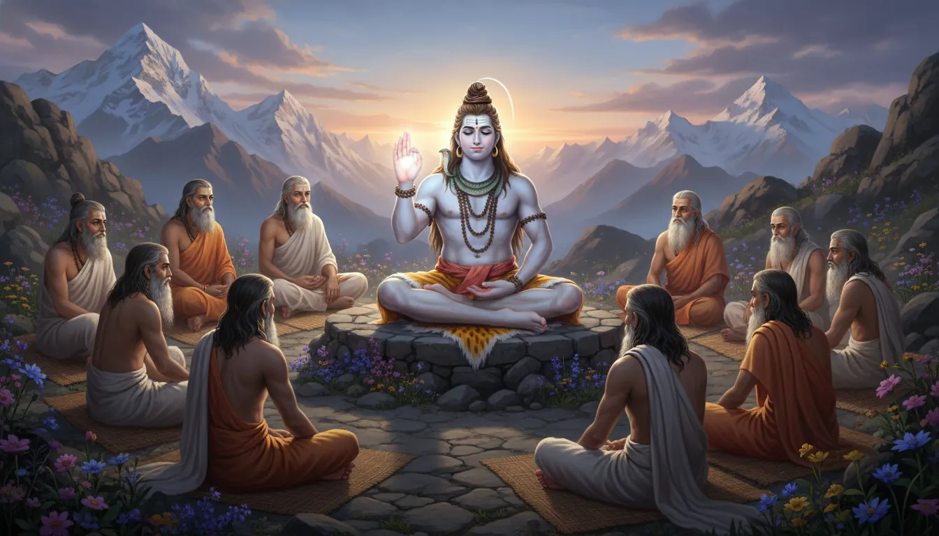 etailed depiction of Lord Shiva showing the Jnana Mudra hand gesture while teaching ancient sages in a forest.