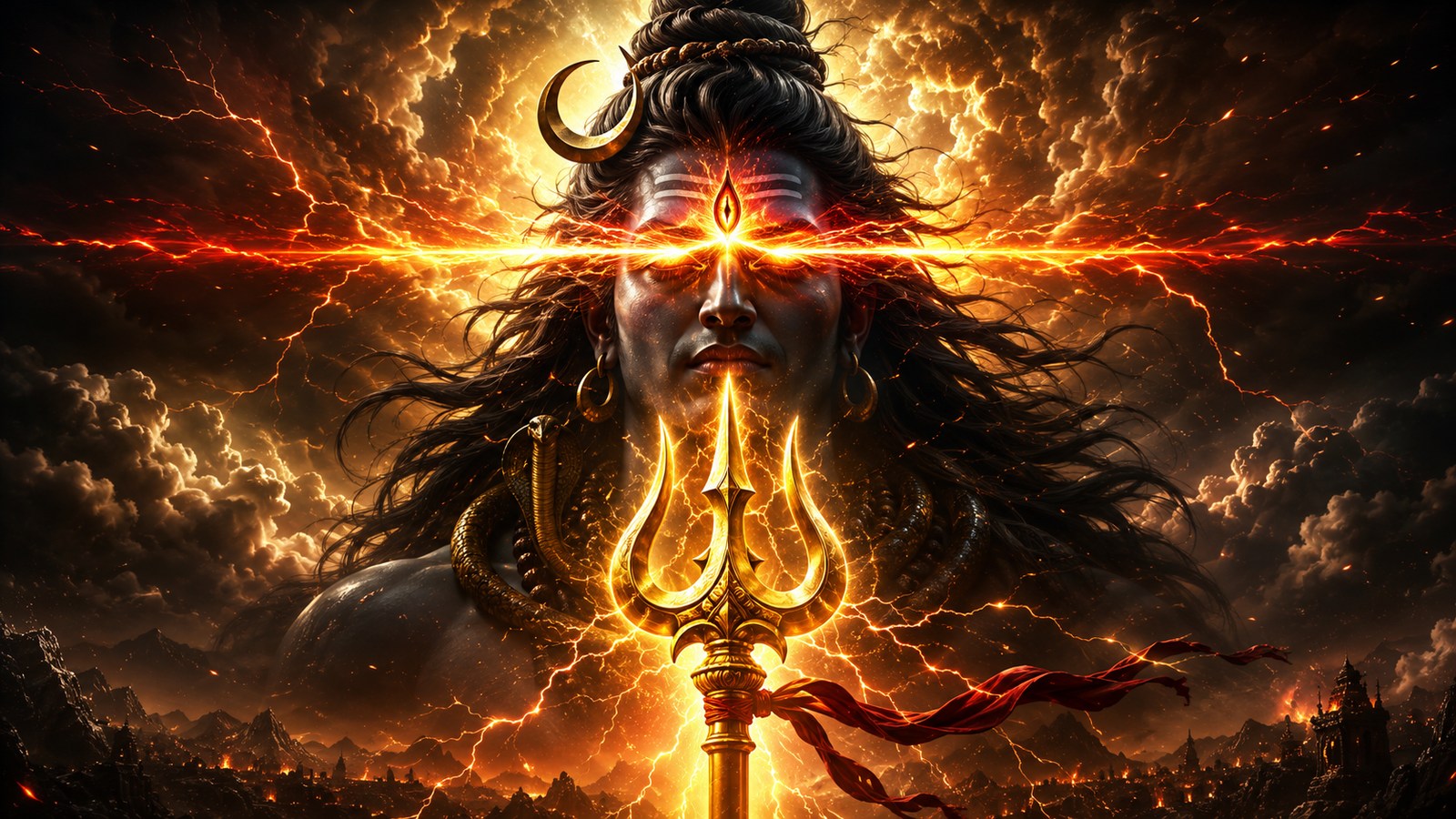 Dramatic digital painting of Lord Shiva opening his third eye next to a shining golden trishul.