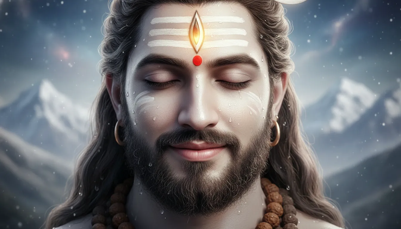 High-resolution close-up portrait of Lord Shiva with a glowing third eye and Tilak.