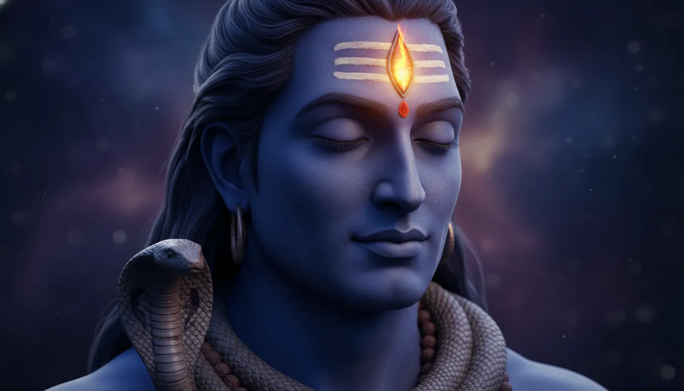 Mahadev hd wallpaper 3d highlighting a close-up face portrait of Lord Shiva with a glowing third eye and spiritual aura.