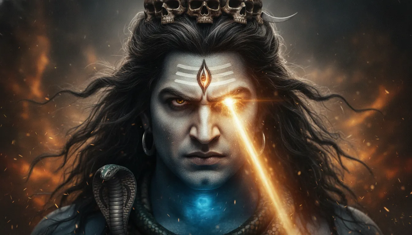 Powerful Har Har Mahadev image photo showing the fierce form of Shiva with his third eye blinking.