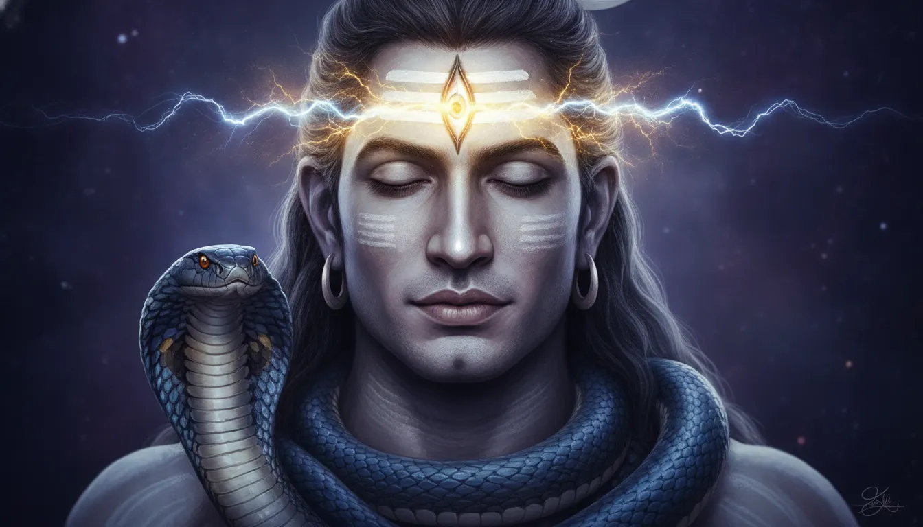Close-up of Lord Shiva opening his powerful third eye with golden energy.