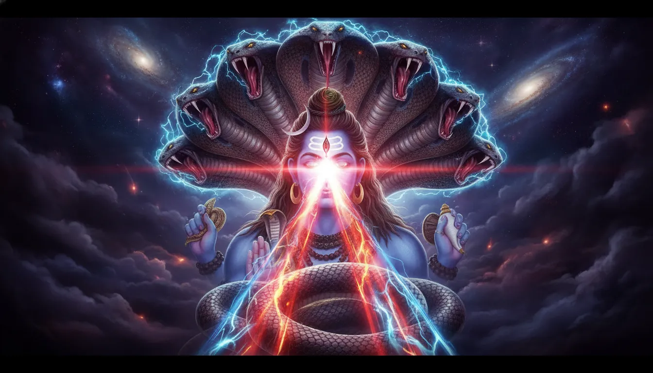 High energy digital art of Lord Shiva opening his third eye with Sheshnag roaring behind.