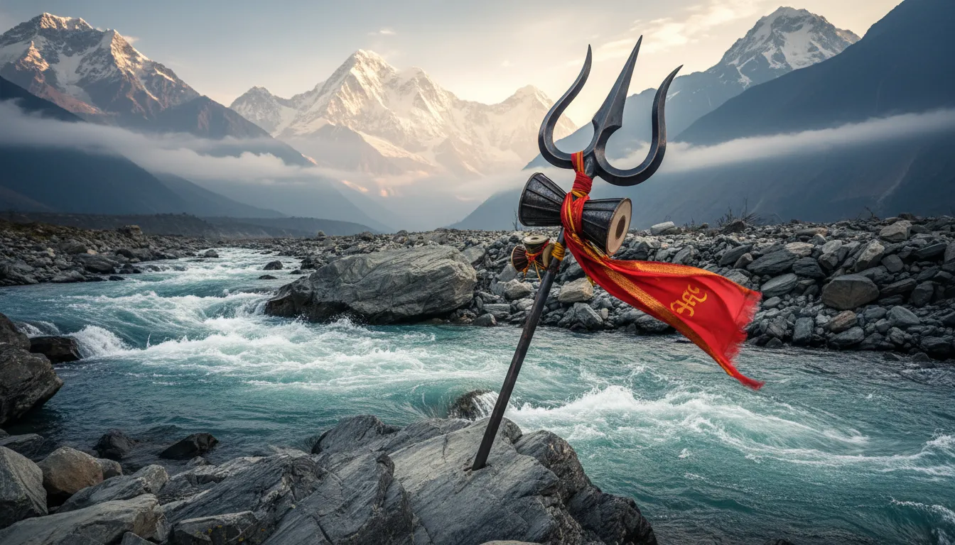 Lord Shiva's holy trident Trishul planted firmly in the ground next to a fast flowing mountain river.