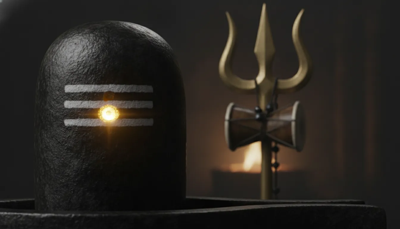 Close-up of a powerful black Shivling featuring a glowing third eye symbol