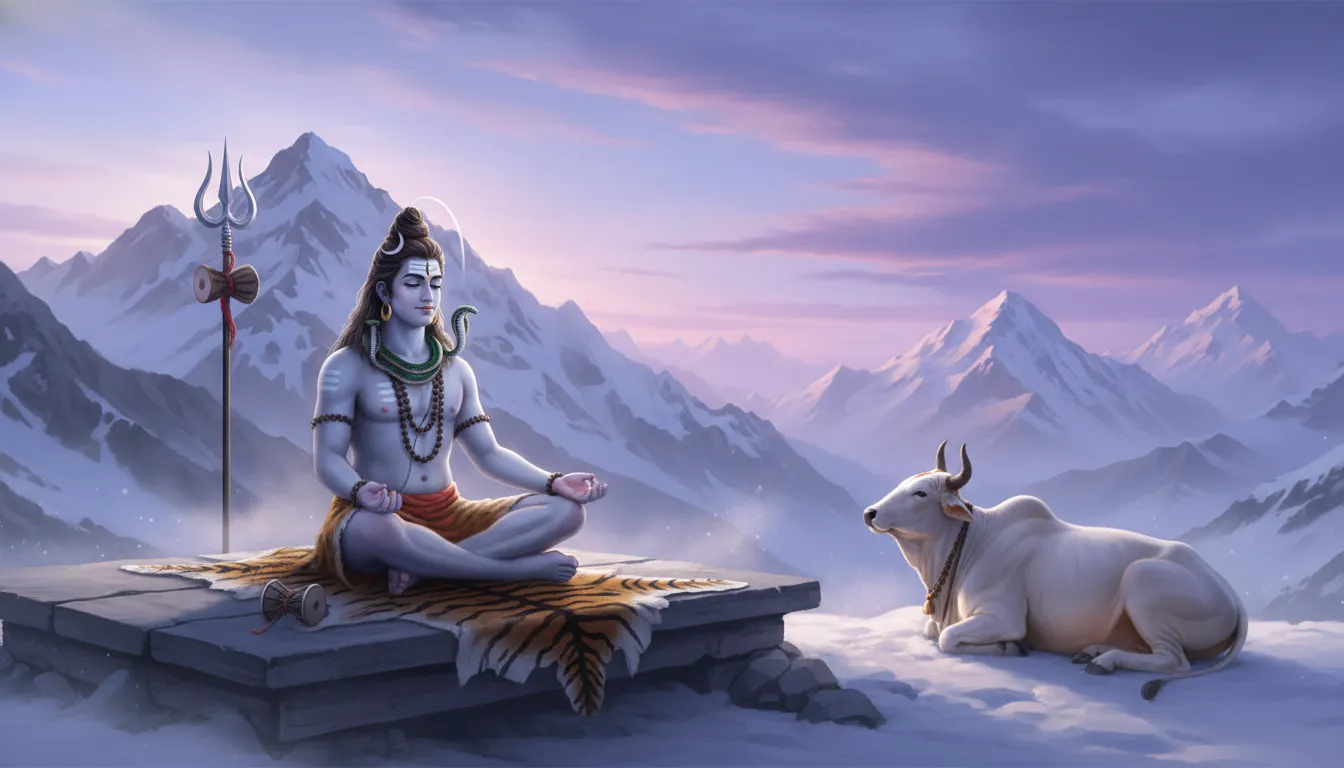 Lord Shiva meditating on a tiger skin during a peaceful purple and pink twilight over Mount Kailash.