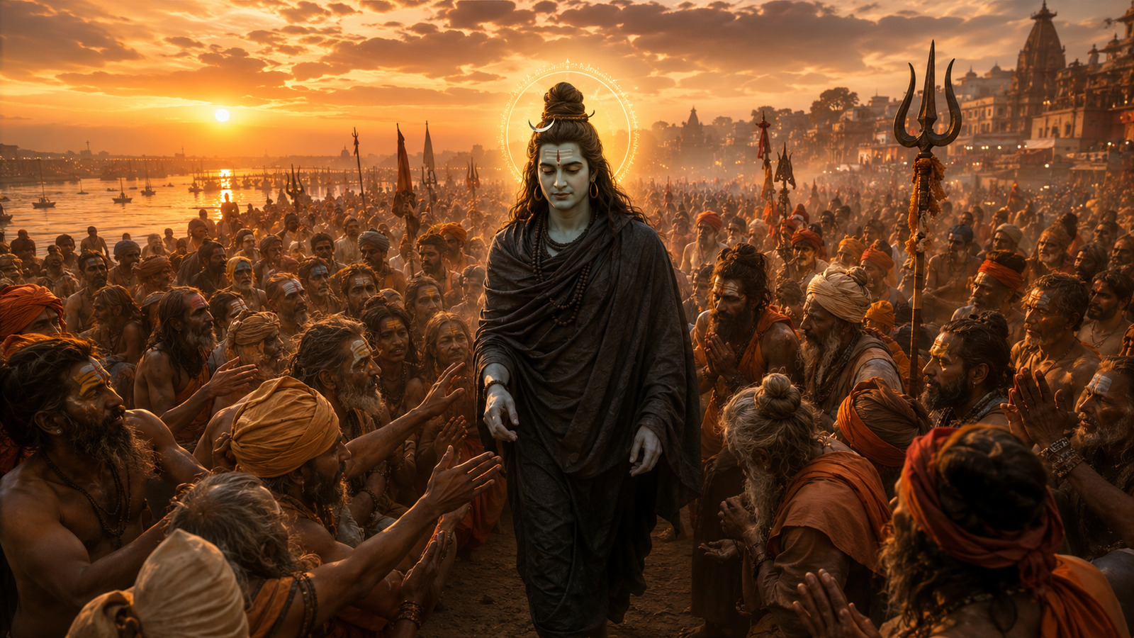 Lord Shiva dressed in a dark robe walking through a large crowd of bearded sages and followers.