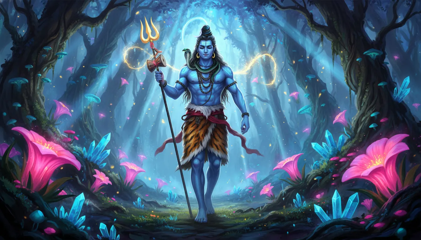 A powerful artistic depiction of Lord Shiva walking through a glowing blue and purple mystical forest holding a Trishul.