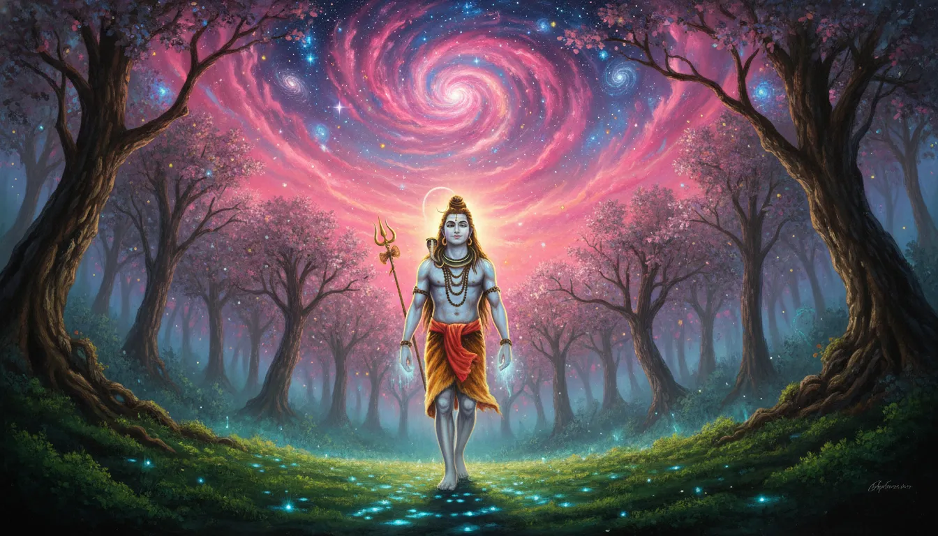 Shiva walking beneath a glowing neon sky filled with stars inside a magical fantasy forest.