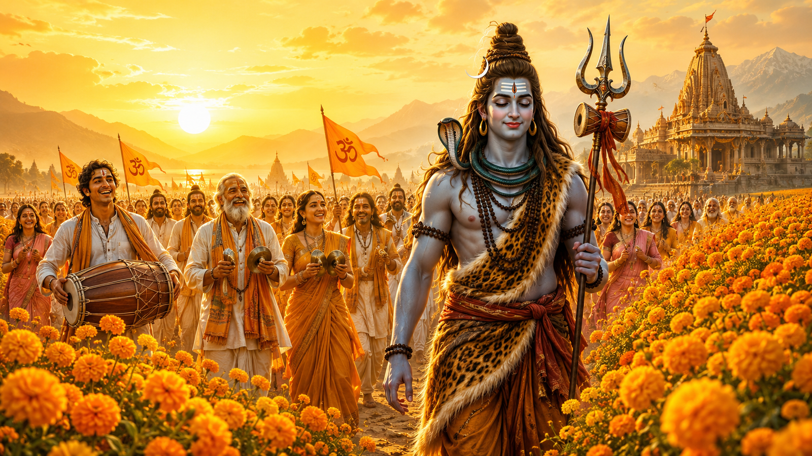 Lord Shiva walking across a meadow during a golden sunrise with a group of singing devotees.