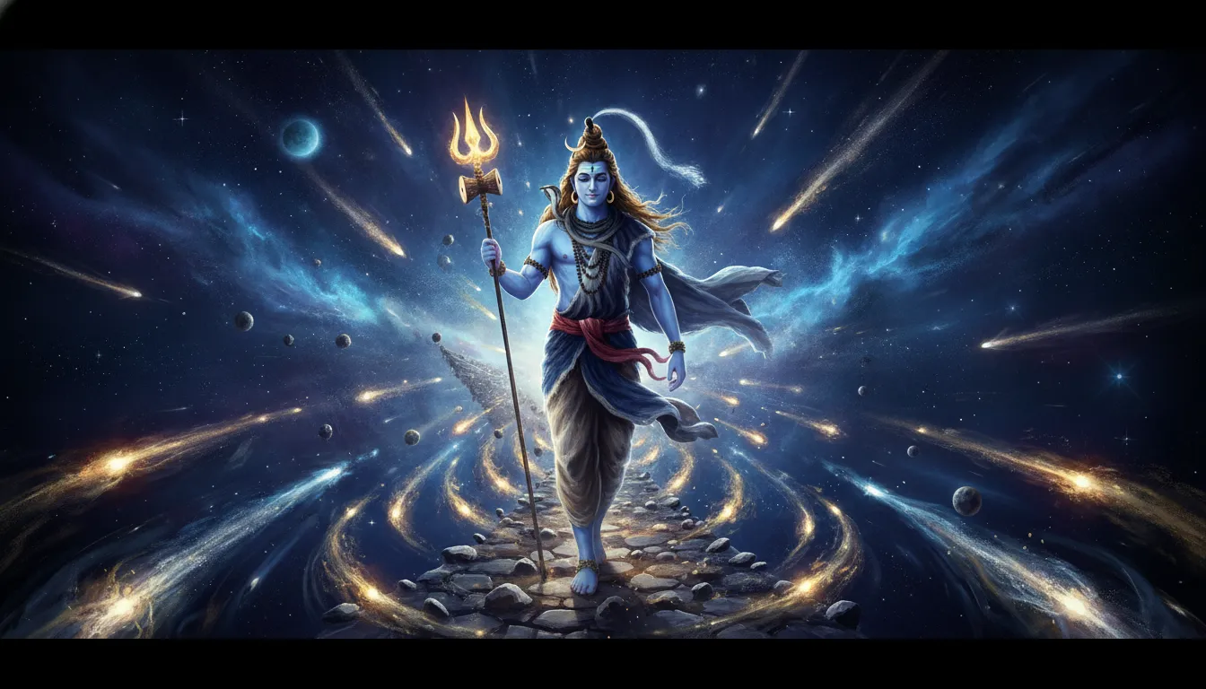 Lord Shiva walking gracefully through space on a bridge made of bright meteors and shooting stars.