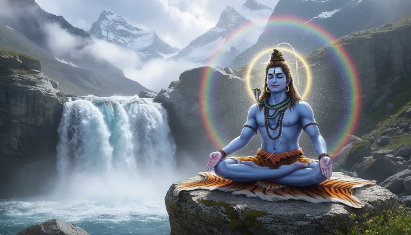 Lord Shiva meditating on a tiger skin beside a powerful, pristine Himalayan waterfall.