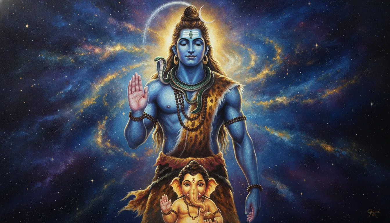 A grand oil painting of Lord Shiva standing tall with his blessing hand raised while baby Ganesha sits safely near his feet.
