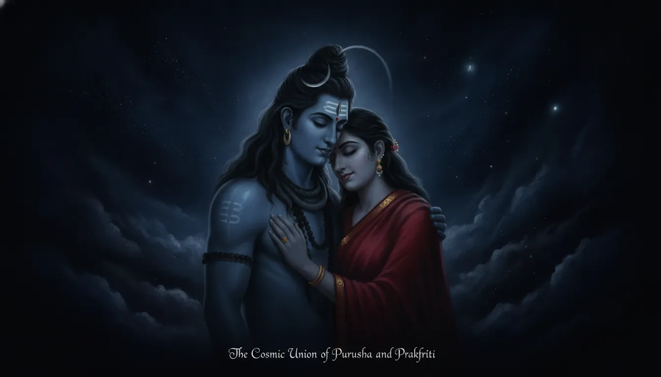 Dark artistic portrait of Shiva and Parvati embracing in a cosmic background with stars