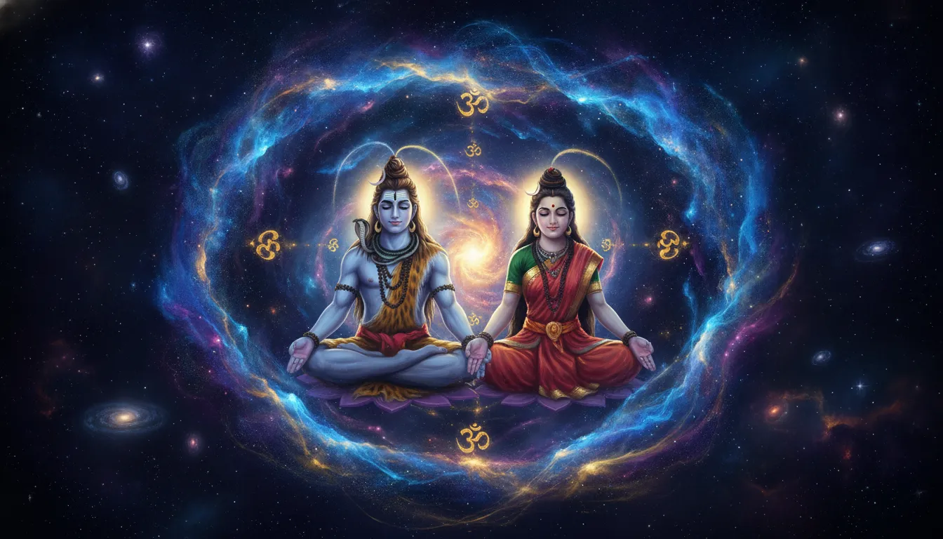 Spiritual artwork of Lord Shiva and Goddess Parvati meditating together enveloped in vibrant cosmic energy lines
