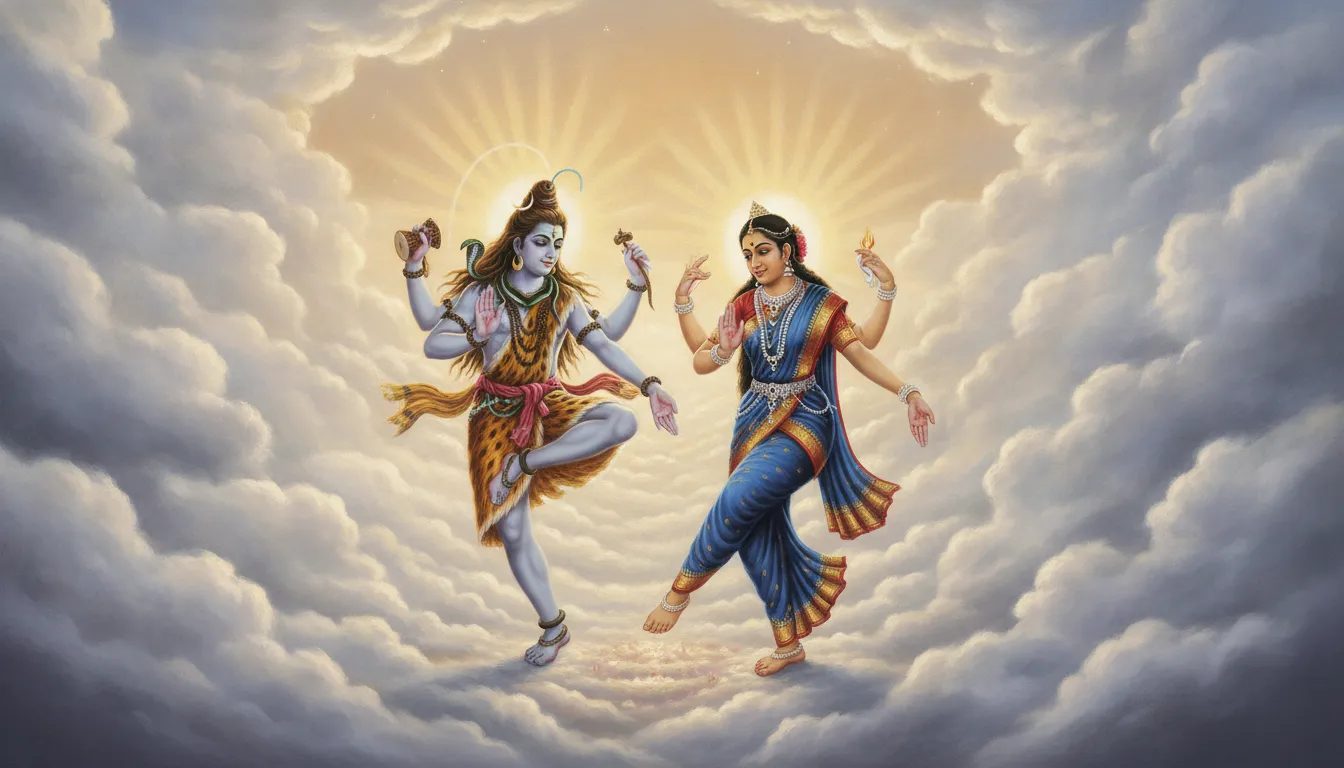 Lord Shiva and Goddess Parvati performing cosmic dance in white clouds