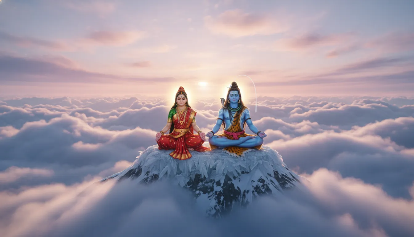 shiva parvati meditating together on snow covered kailash mountain peaks