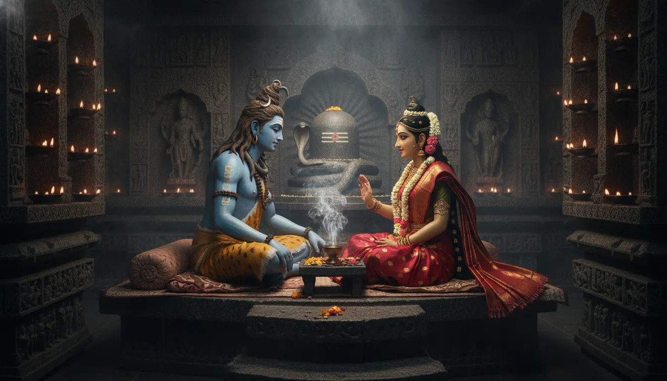 Lord Shiva and Parvati engaged in a deep spiritual conversation inside an ancient stone temple.