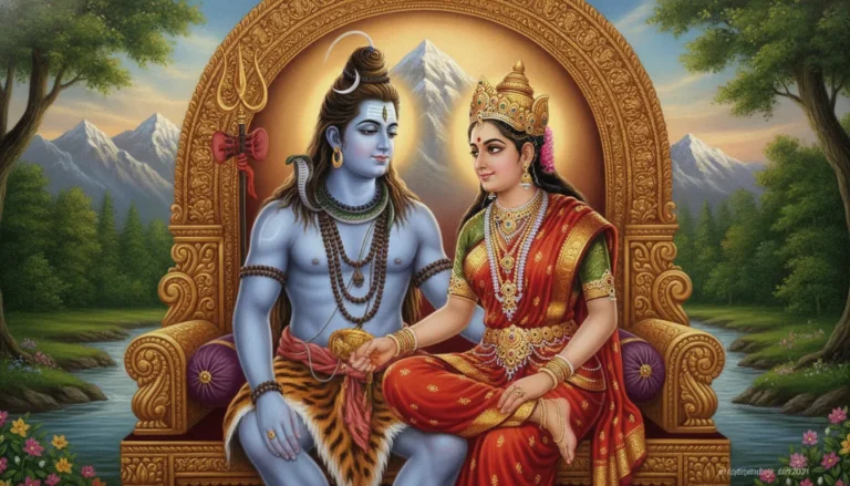 Lord Shiva and Goddess Parvati sitting together in divine harmony photo