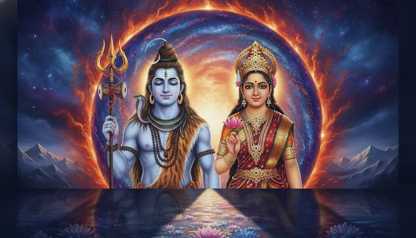 Shiva and Parvati standing with trident and glowing background