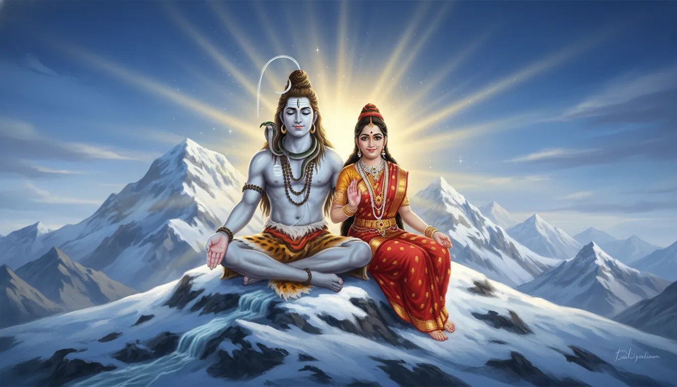 Digital painting of Lord Shiva and Goddess Parvati sitting together on Mount Kailash covered in snow