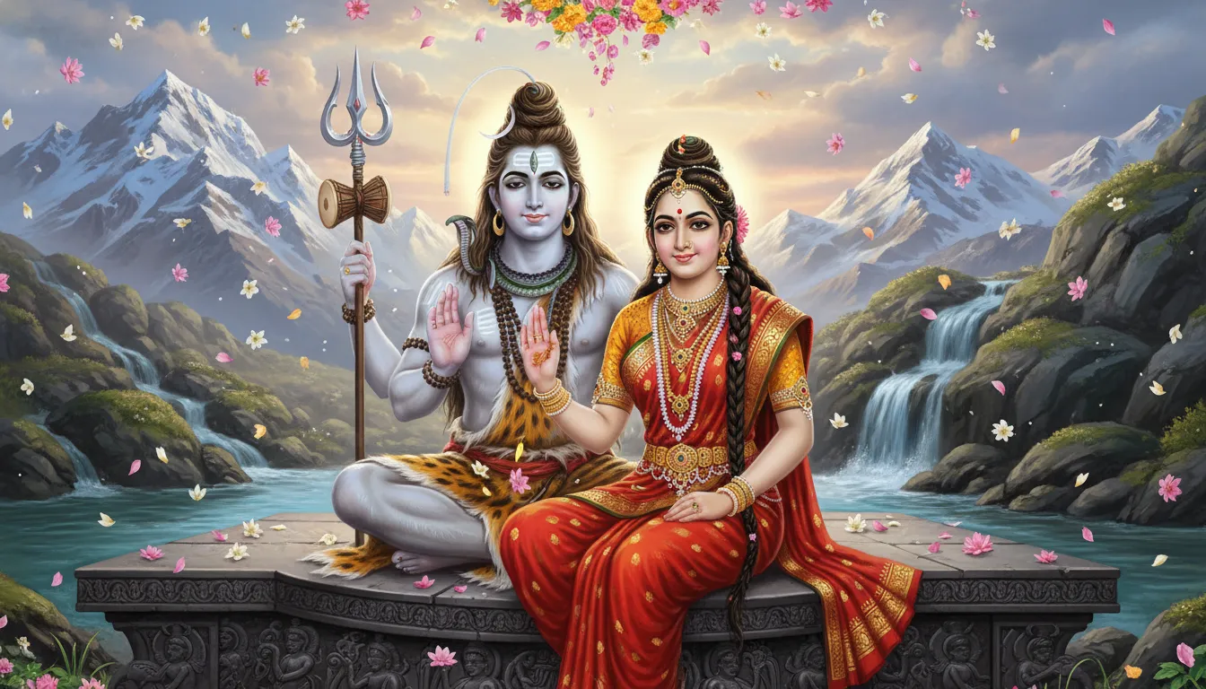 Lord Shiva and Goddess Parvati sitting together in a divine and peaceful spiritual setting.