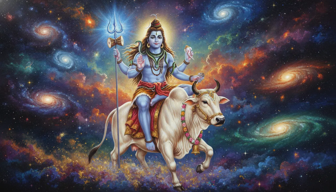 Lord Shiva with blue skin riding Nandi the white bull across galaxies and stars.