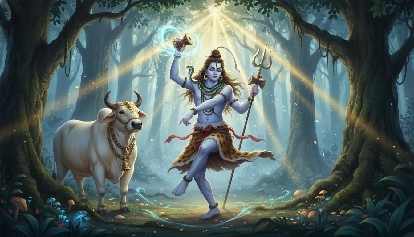 Lord Shiva performing a joyful dance in a misty forest next to Nandi the white bull.