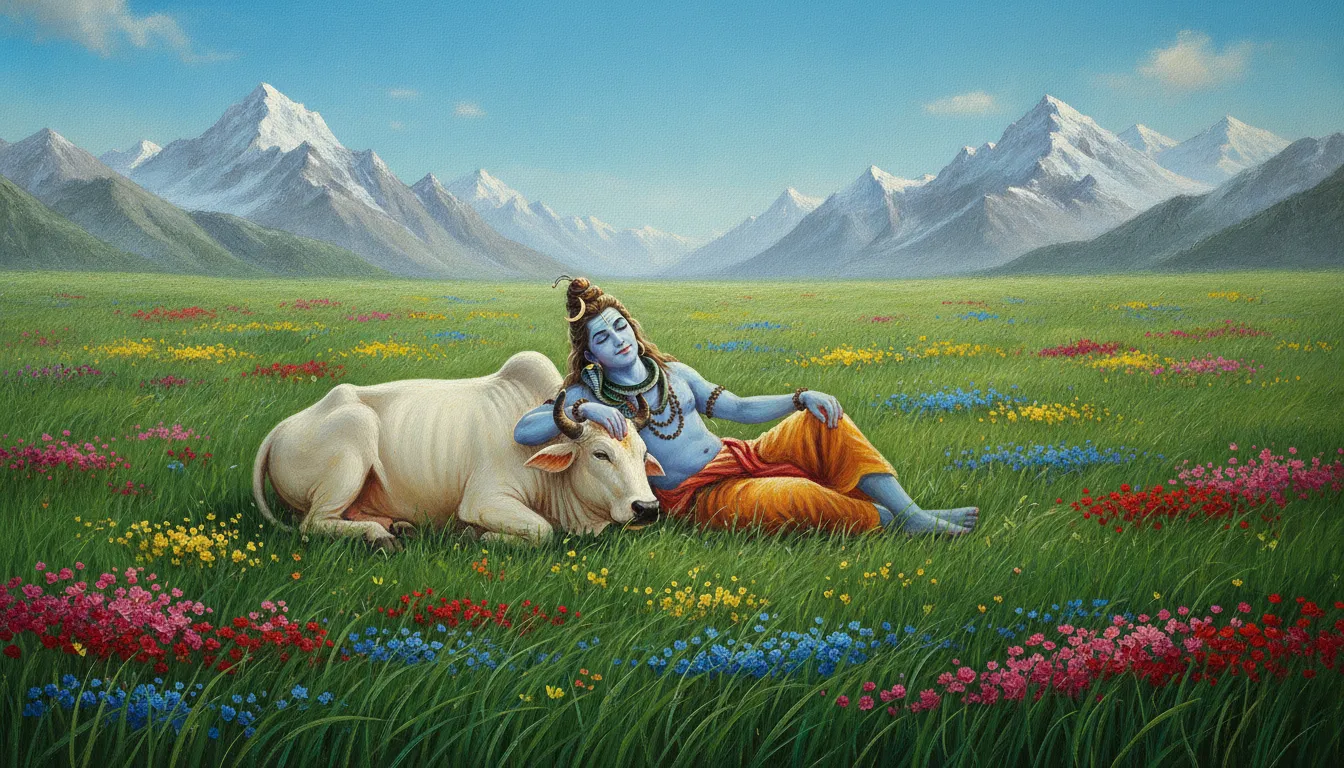 A calm scene of Lord Shiva resting against Nandi in a lush green Himalayan valley filled with colorful wildflowers.