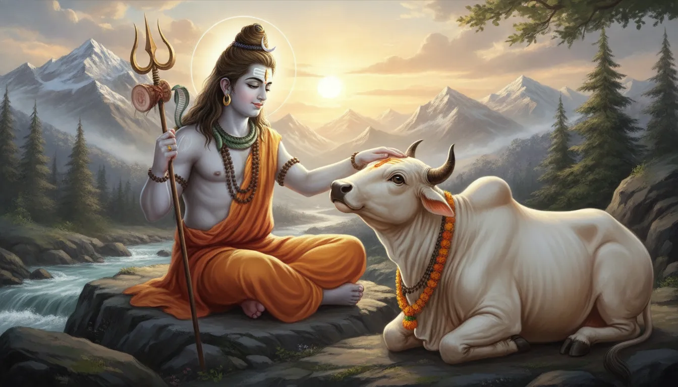Lord Shiva gently resting his hand on his faithful vehicle Nandi the bull.