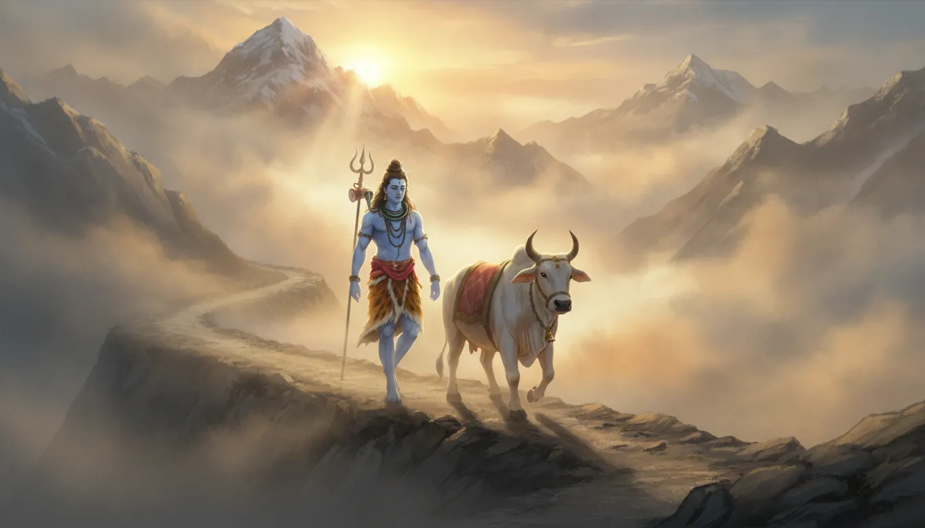 Lord Shiva and Nandi walking together along a high mountain path surrounded by glowing golden mist.