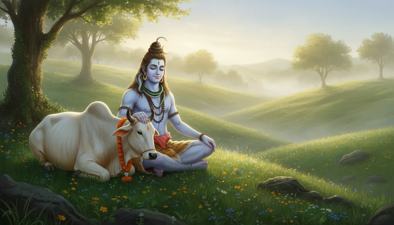 A peaceful HD image of Lord Shiva gently resting a hand on Nandi the bull, representing "har har mahadev new photos hd."