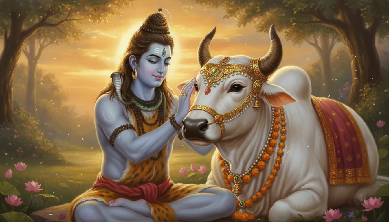 A painting showing a close-up portrait of Lord Shiva resting his hand gently on the head of Nandi the white bull.